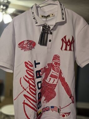White Polo with Red Ski Graphic
